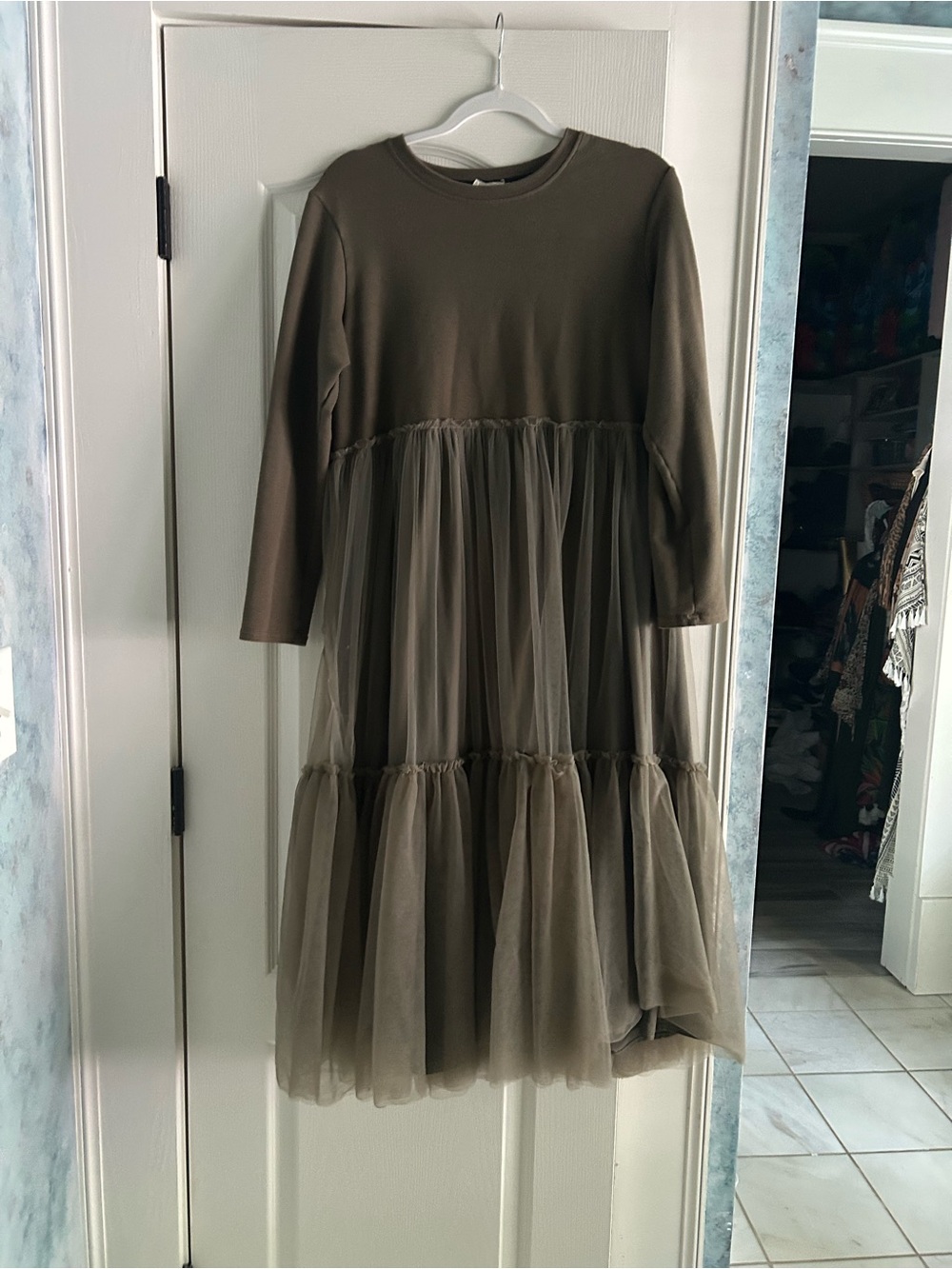 Girls Long Sleeve Olive Tulle Tiered Dress